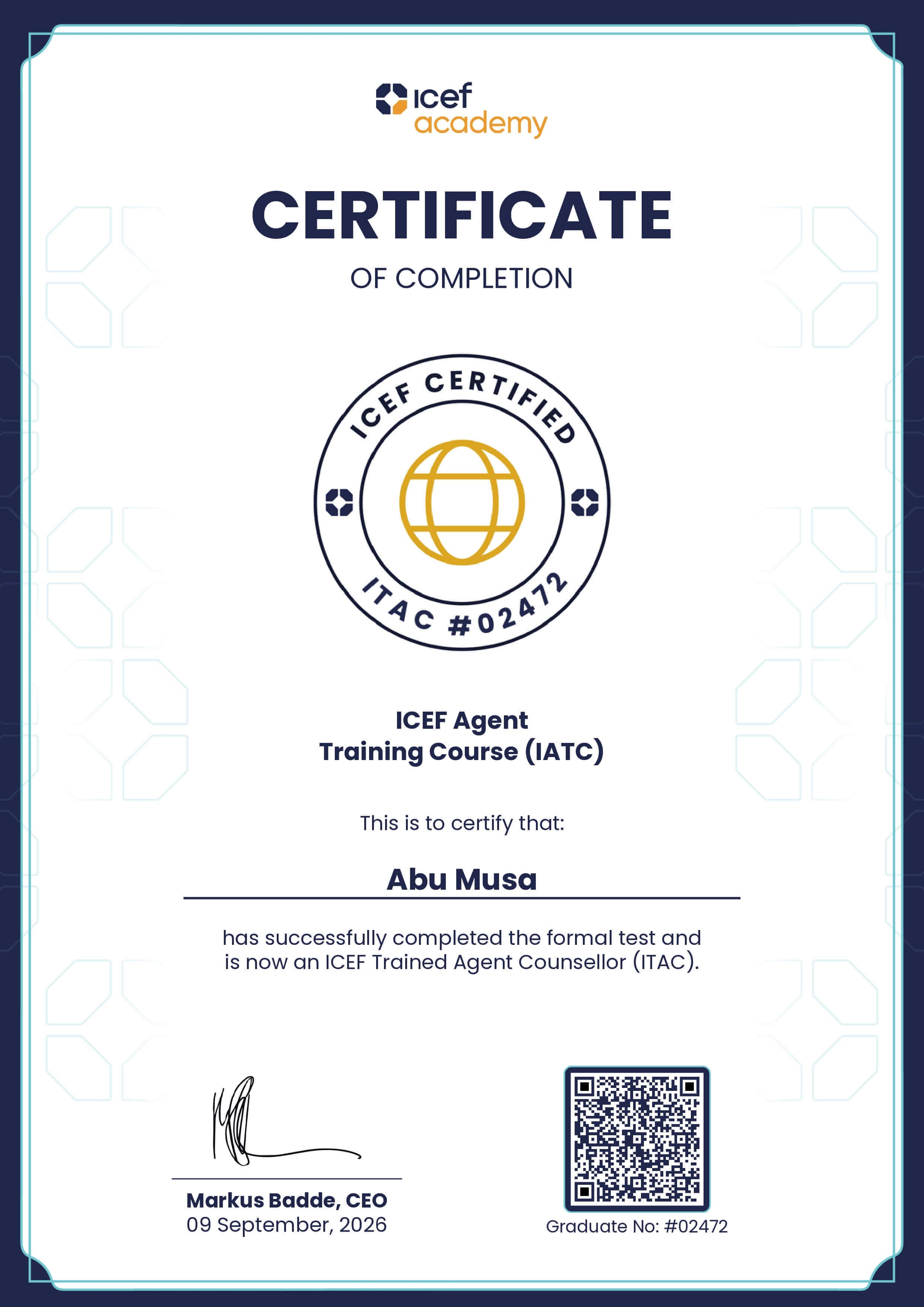 ICEF Agent Training Course certificate awarded to Abu Musa
